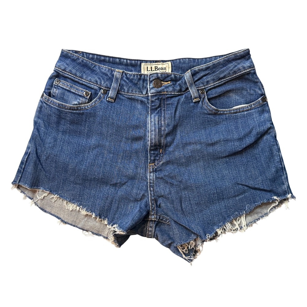 L.L.Bean Denim Shorts Womens 6 Blue Classic Fit Straight Cut Off Frayed Stretch